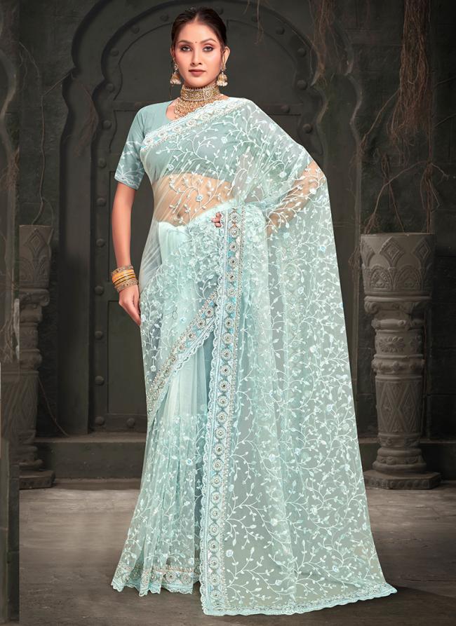 Net Sky Blue Wedding Wear Sequins Work Saree